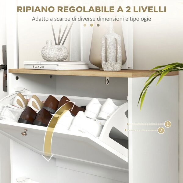 HOMCOM Scarpiera Slim con 2 Ante a Ribalta, Ripiani Regolabili Rimovibili, per 8-12 Paia in Legno, 60x23.5x80 cm, Bianco | Aosom Italy