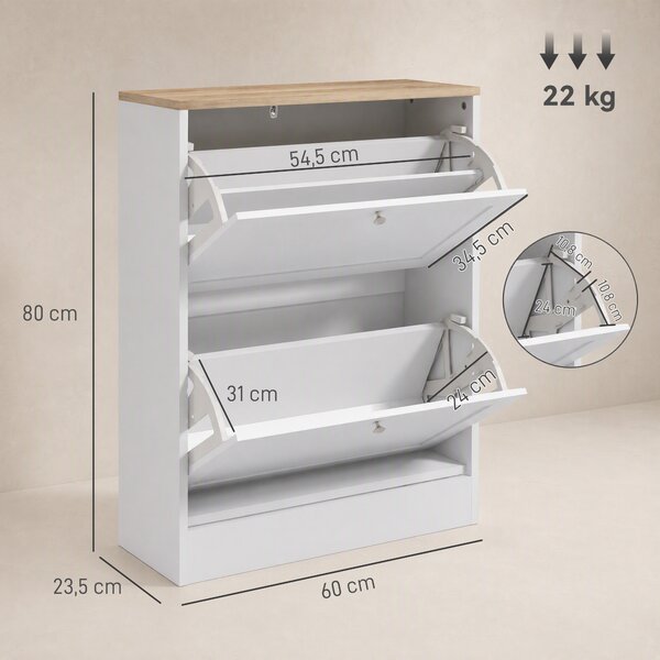 HOMCOM Scarpiera Slim con 2 Ante a Ribalta, Ripiani Regolabili Rimovibili, per 8-12 Paia in Legno, 60x23.5x80 cm, Bianco | Aosom Italy