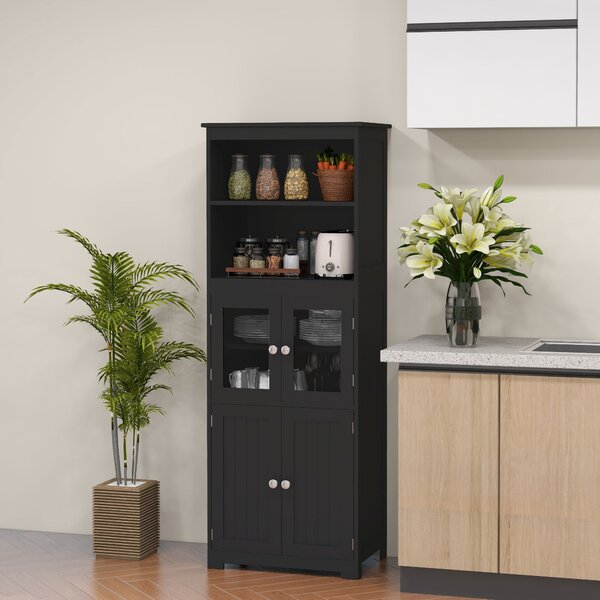 HOMCOM Mobile Dispensa con 2 Ripiani Aperti e 2 Armadietti con Ante, in MDF e Vetro, 60x30x162 cm, Nero | Aosom Italy