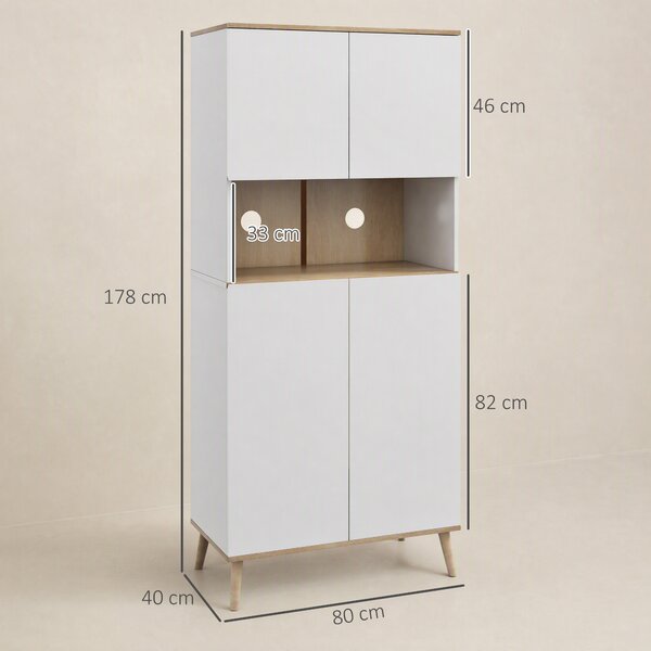 HOMCOM Credenza Cucina Alta Scandinava con 4 Ante, Ripiano Aperto, Ripiani Regolabili, 80x40x178 cm, Bianco | Aosom Italy