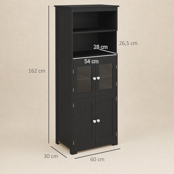HOMCOM Mobile Dispensa con 2 Ripiani Aperti e 2 Armadietti con Ante, in MDF e Vetro, 60x30x162 cm, Nero | Aosom Italy