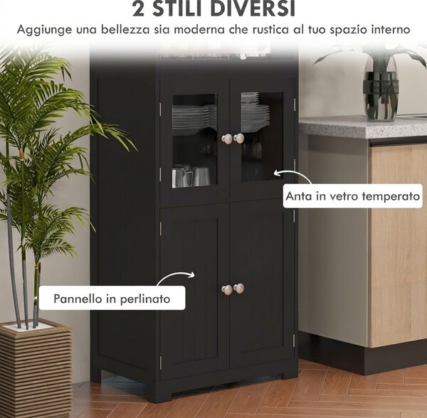 HOMCOM Mobile Dispensa con 2 Ripiani Aperti e 2 Armadietti con Ante, in MDF e Vetro, 60x30x162 cm, Nero | Aosom Italy
