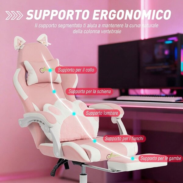 Vinsetto Sedia Gaming Poltrona Gaming Ergonomica Reclinabile Poggiapiedi Rosa | Aosom Italy