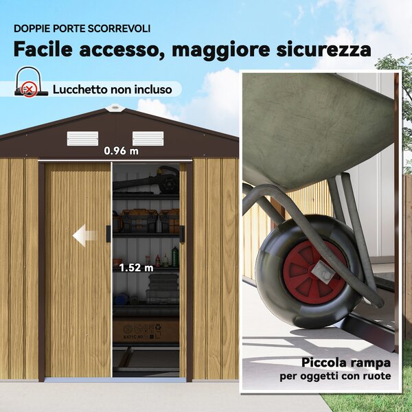 Outsunny Casetta da Giardino 4.9m² in Acciaio con Doppia Porta Scorrevole e Tetto Inclinato, Marrone Chiaro | Aosom Italy