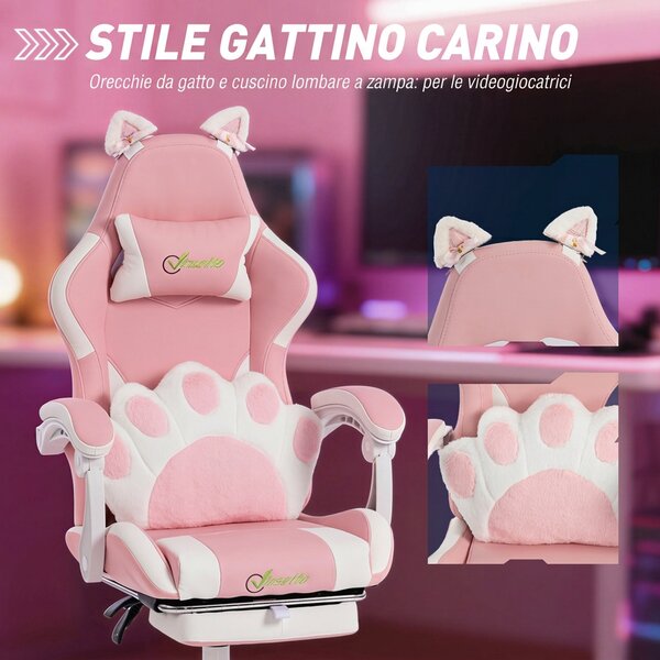 Vinsetto Sedia Gaming Poltrona Gaming Ergonomica Reclinabile Poggiapiedi Rosa | Aosom Italy