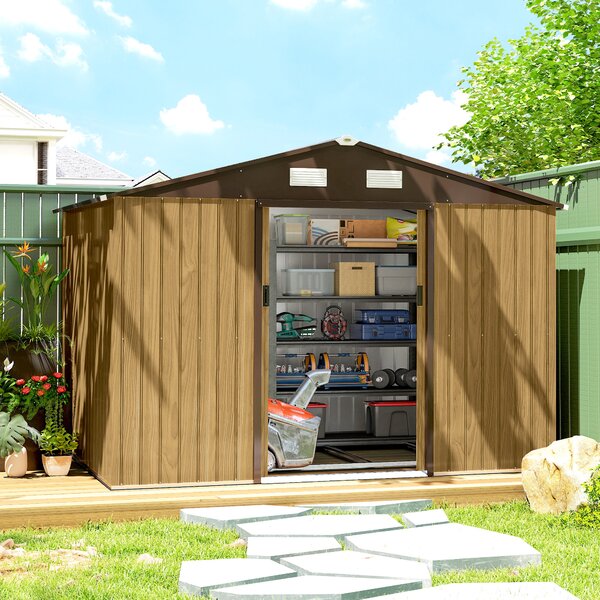 Outsunny Casetta da Giardino 4.9m² in Acciaio con Doppia Porta Scorrevole e Tetto Inclinato, Marrone Chiaro | Aosom Italy