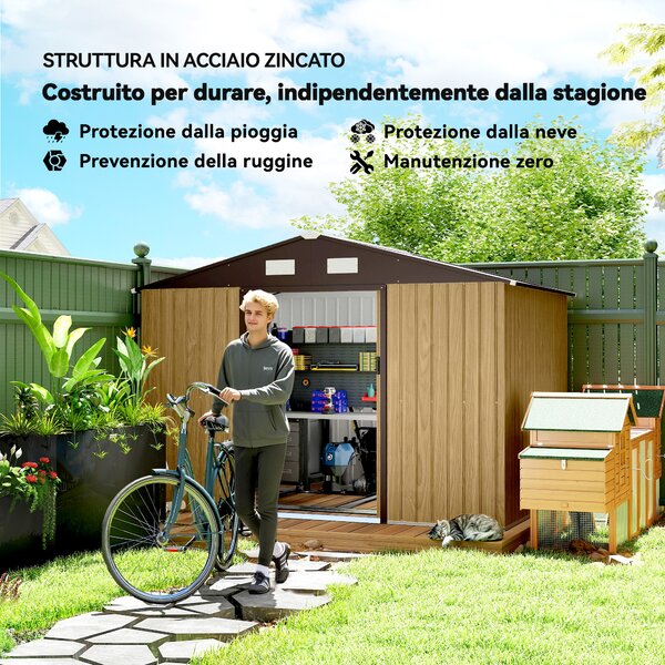Outsunny Casetta da Giardino 4.9m² in Acciaio con Doppia Porta Scorrevole e Tetto Inclinato, Marrone Chiaro | Aosom Italy