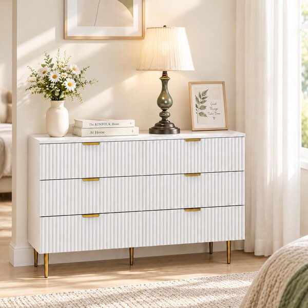 HOMCOM Cassettiera 6 Cassetti Moderna con Maniglie Dorate, 120x40x76.5cm, Bianco | Aosom Italy