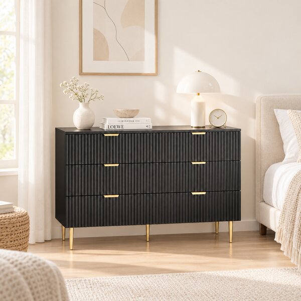 HOMCOM Cassettiera 6 Cassetti Moderna con Maniglie Dorate, 120x40x76.5cm, Nero | Aosom Italy