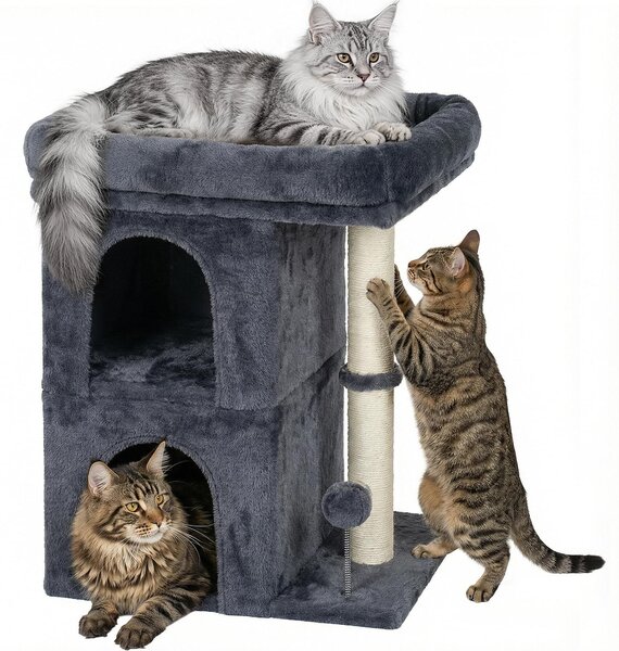 Elzusha - Tiragraffi con due casette per gatti e ampia area relax - 61 cm di altezza - Grigio scuro