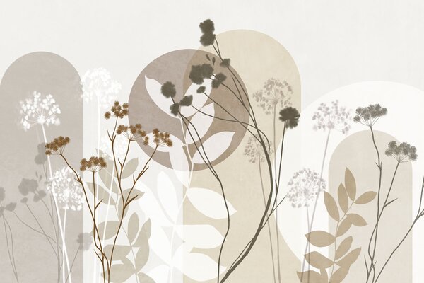 Carta da parati Composizione botanica e minimalista di fiori e foglie essiccati con motivi geometrici, Carta da parati Buffer, w09906 : Uwalls.it