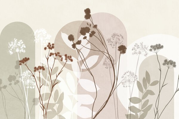 Carta da parati Composizione botanica e minimalista di fiori e foglie essiccati con motivi geometrici, Carta da parati Buffer, w09906v1 : Uwalls.it