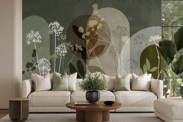 Carta da parati Composizione botanica e minimalista di fiori e foglie essiccati con motivi geometrici, Carta da parati Buffer, w09906v2 : Uwalls.it