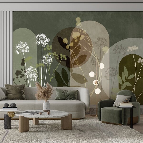 Carta da parati Composizione botanica e minimalista di fiori e foglie essiccati con motivi geometrici, Carta da parati Buffer, w09906v2 : Uwalls.it