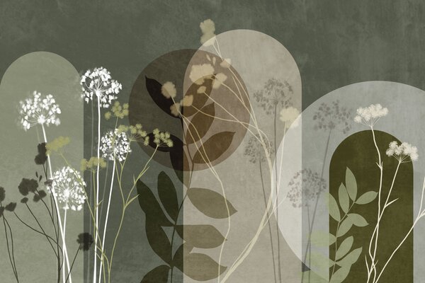 Carta da parati Composizione botanica e minimalista di fiori e foglie essiccati con motivi geometrici, Carta da parati Buffer, w09906v2 : Uwalls.it