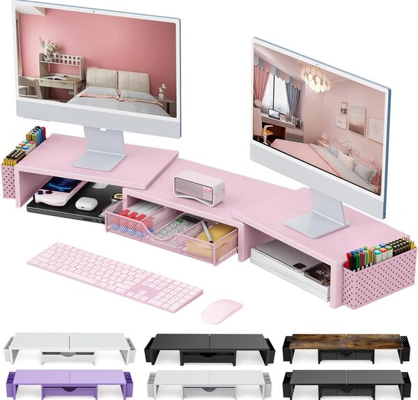 Omgoods - Supporto per monitor doppio, rialzo da scrivania con cassetti e portapenne - Supporto per monitor per computer, colore rosa