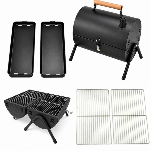 Elzusha - Barbecue portatile a forma di cilindro, con manico in legno, alimentato a carbone
