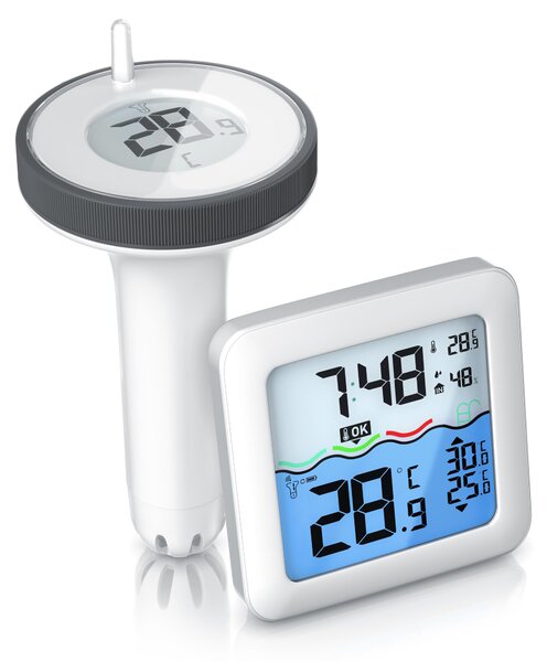 Termometro per piscina Brandson con galleggiante, orologio radio-controllato, misuratore di umidità relativa e ambientale, 2 pezzi, IP67, funzione snooze, portata di 60 metri, durata della batteria di 6 mesi