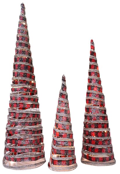 Set 3 Coni di Natale con LED in Plastica Rosso Glitterato