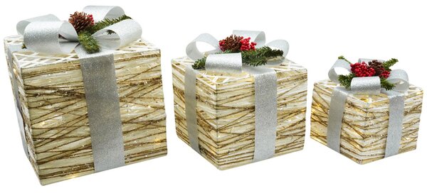 Set 3 Pacchi di Natale con LED in Plastica Bianco e Argento
