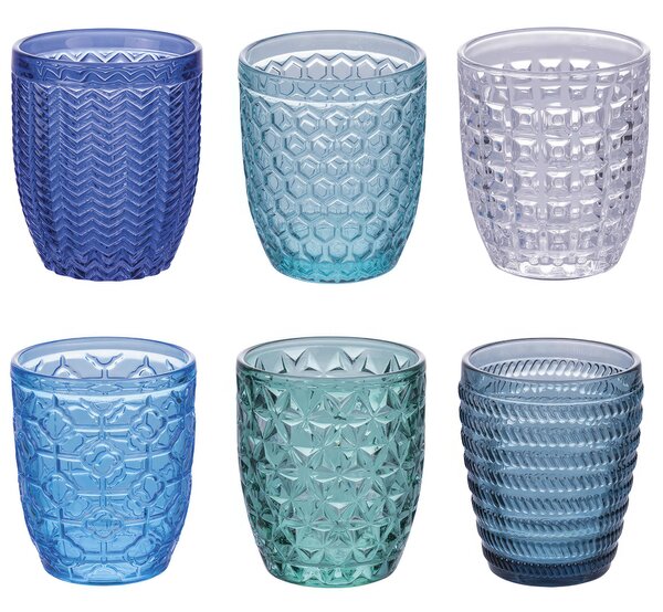 Bicchieri ACQUA set 6 in Vetro Superficie Lavorata A rilievo GEOMETRIE , diametro 8,5 x h 9 cm 350 Ml colore multicolor