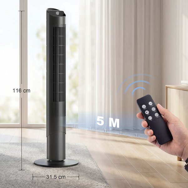 HOMCOM Ventilatore Torre 116 cm, ventilatore WiFi app controllo, camera letto, colore nero | Aosom Italy