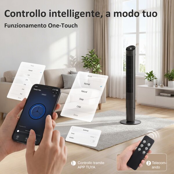 HOMCOM Ventilatore Torre 116 cm, ventilatore WiFi app controllo, camera letto, colore nero | Aosom Italy