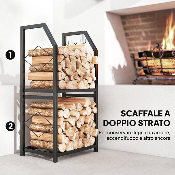 Outsunny Portalegna da Esterno e Interno a 2 Livelli con 3 Ganci Laterali in Acciaio, 41x30x81 cm, Nero | Aosom Italy