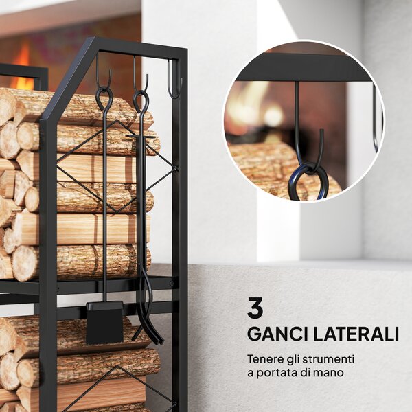 Outsunny Portalegna da Esterno e Interno a 2 Livelli con 3 Ganci Laterali in Acciaio, 41x30x81 cm, Nero | Aosom Italy