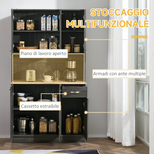 HOMCOM Mobile Dispensa Alto in Legno con Cassetti e Armadietti, 101x39x180 cm, Nero | Aosom Italy