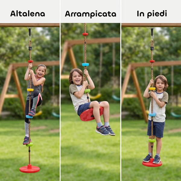 AIYAPLAY Corda Arrampicata da Giardino per Bambini con Pedane e Seduta a Disco, in HDPE e PE, Rosso | Aosom Italy
