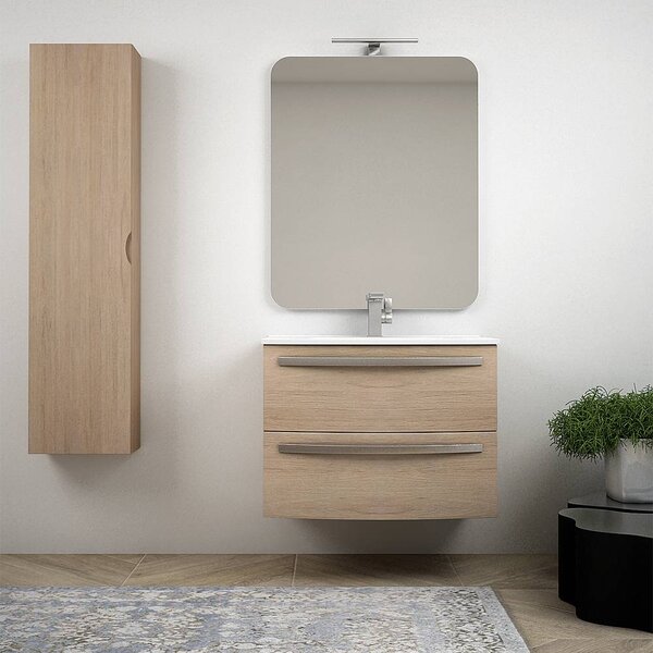 Mobile bagno moderno sospeso curvo 75 cm rovere tabacco lavabo ceramica specchio e colonna Serie Berlino