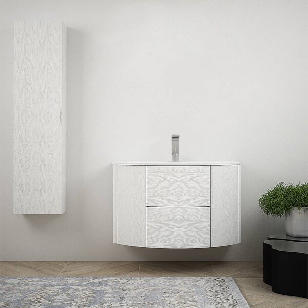 Composizione bagno curva Bianco frassino sospesa moderna 90 cm con colonna e cassettoni soft close