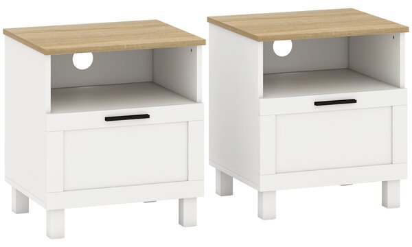 HOMCOM Set di 2 Comodini con Cassetto, Scomparto Aperto e Gambe in Legno, 45x38x50 cm, Bianco | Aosom Italy
