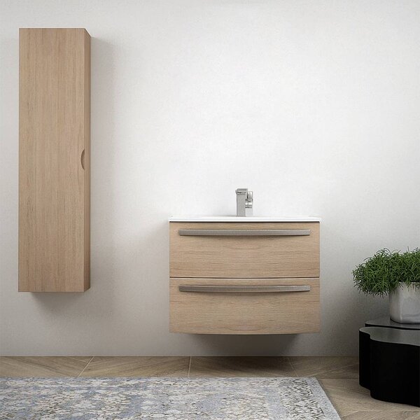 Mobile bagno moderno sospeso curvo 75 cm rovere tabacco lavabo ceramica e colonna Serie Berlino