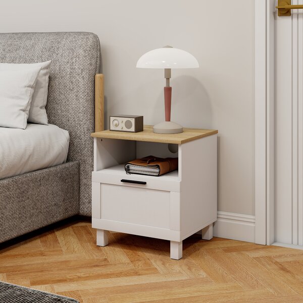HOMCOM Set di 2 Comodini con Cassetto, Scomparto Aperto e Gambe in Legno, 45x38x50 cm, Bianco | Aosom Italy