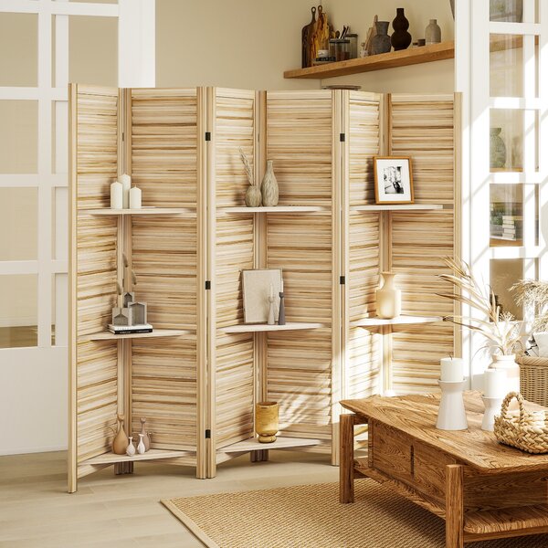 HOMCOM Paravento per Interni in Legno 4 Pannelli 160x170 cm, Separatore di Ambiente Pieghevole con 3 Mensole, Legno Naturale Effetto Bruciato | Aosom Italy