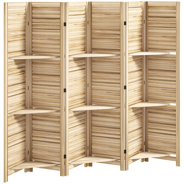 HOMCOM Paravento per Interni in Legno 4 Pannelli 160x170 cm, Separatore di Ambiente Pieghevole con 3 Mensole, Legno Naturale Effetto Bruciato | Aosom Italy