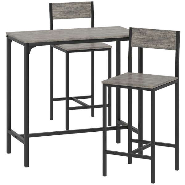 HOMCOM Set Tavolo da Bar con Sgabelli, Tavolo Alto da Pranzo con 2 Sedie da Bar, Poggiapiedi e Schienali, Grigio | Aosom Italy
