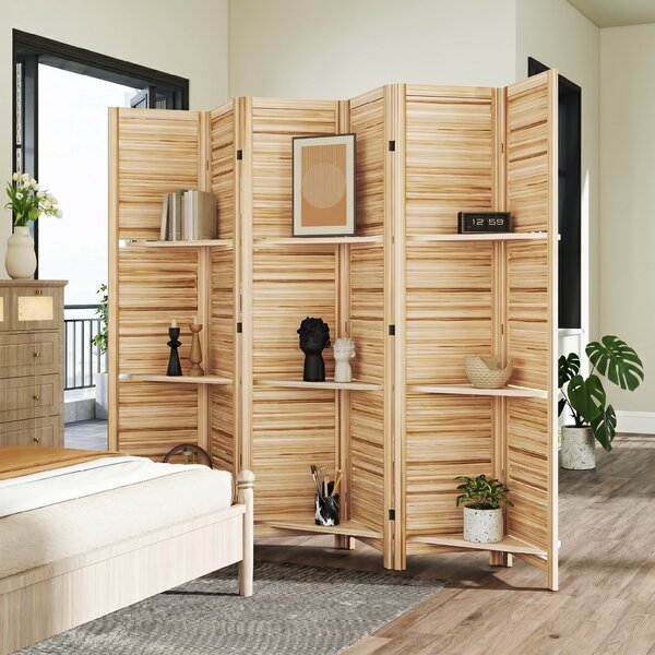 HOMCOM Paravento per Interni in Legno 4 Pannelli 160x170 cm, Separatore di Ambiente Pieghevole con 3 Mensole, Legno Naturale Effetto Bruciato | Aosom Italy