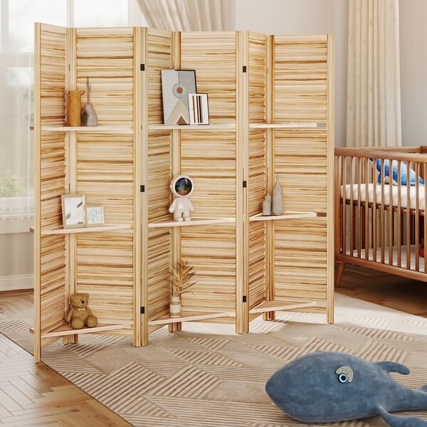 HOMCOM Paravento per Interni in Legno 4 Pannelli 160x170 cm, Separatore di Ambiente Pieghevole con 3 Mensole, Legno Naturale Effetto Bruciato | Aosom Italy