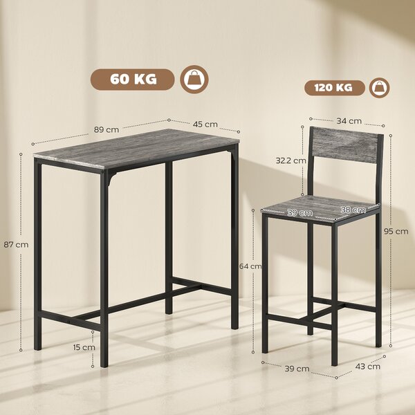 HOMCOM Set Tavolo da Bar con Sgabelli, Tavolo Alto da Pranzo con 2 Sedie da Bar, Poggiapiedi e Schienali, Grigio | Aosom Italy