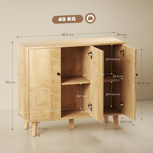 HOMCOM Buffet Cucina, Mobile Contenitore con 3 Ante a Motivo Chevron e Piedi in Legno di Pino, 88,3x30x76 cm, Legno Naturale | Aosom Italy