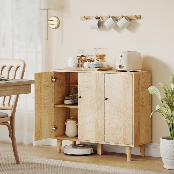 HOMCOM Buffet Cucina, Mobile Contenitore con 3 Ante a Motivo Chevron e Piedi in Legno di Pino, 88,3x30x76 cm, Legno Naturale | Aosom Italy