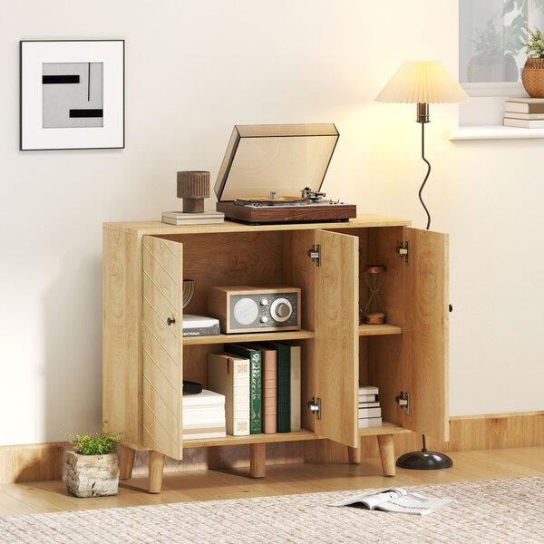 HOMCOM Buffet Cucina, Mobile Contenitore con 3 Ante a Motivo Chevron e Piedi in Legno di Pino, 88,3x30x76 cm, Legno Naturale | Aosom Italy