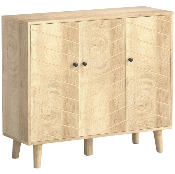 HOMCOM Buffet Cucina, Mobile Contenitore con 3 Ante a Motivo Chevron e Piedi in Legno di Pino, 88,3x30x76 cm, Legno Naturale | Aosom Italy