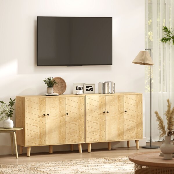HOMCOM Buffet Cucina, Mobile Contenitore con 3 Ante a Motivo Chevron e Piedi in Legno di Pino, 88,3x30x76 cm, Legno Naturale | Aosom Italy