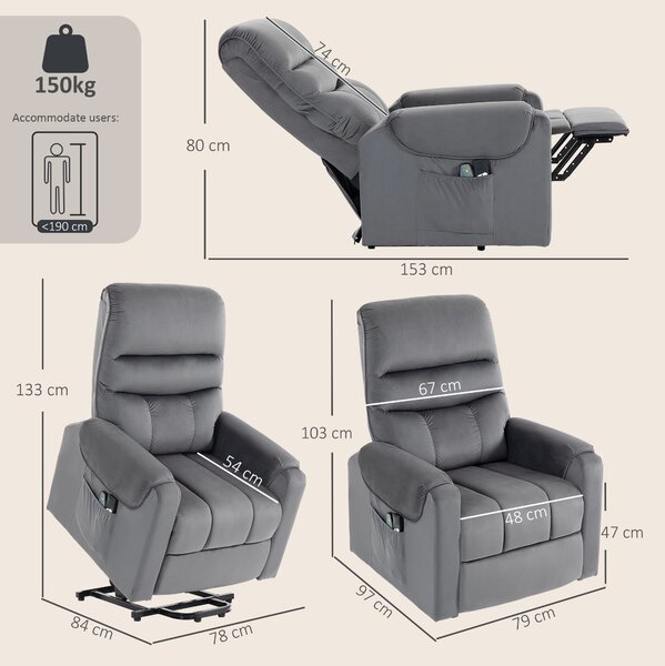 HOMCOM Poltrona Alzapersone Elettrica Massaggio a Vibrazione e Riscaldamento, Poltrona Relax Elettrica in Velluto, Grigio Scuro | Aosom Italy