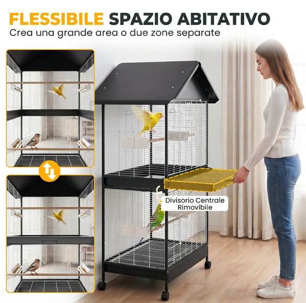 PawHut Gabbia per Uccelli Grande con Ruote, Vassoio Estraibile, Posatoi, Tetto e Mangiatoie, per Pappagalli e Canarini, Nero | Aosom Italy