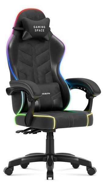 Sedia da gioco Huzaro Force 2.7 Carbon Black RGB - sedia girevole ergonomica in velluto con schienale regolabile, cuscino lombare, poggiatesta e illuminazione RGB